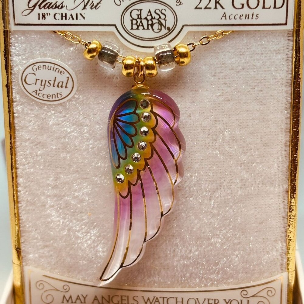 Rainbow Angel Wing Necklace Crystal Pendant Gold Plated Chain Inspirational Gift